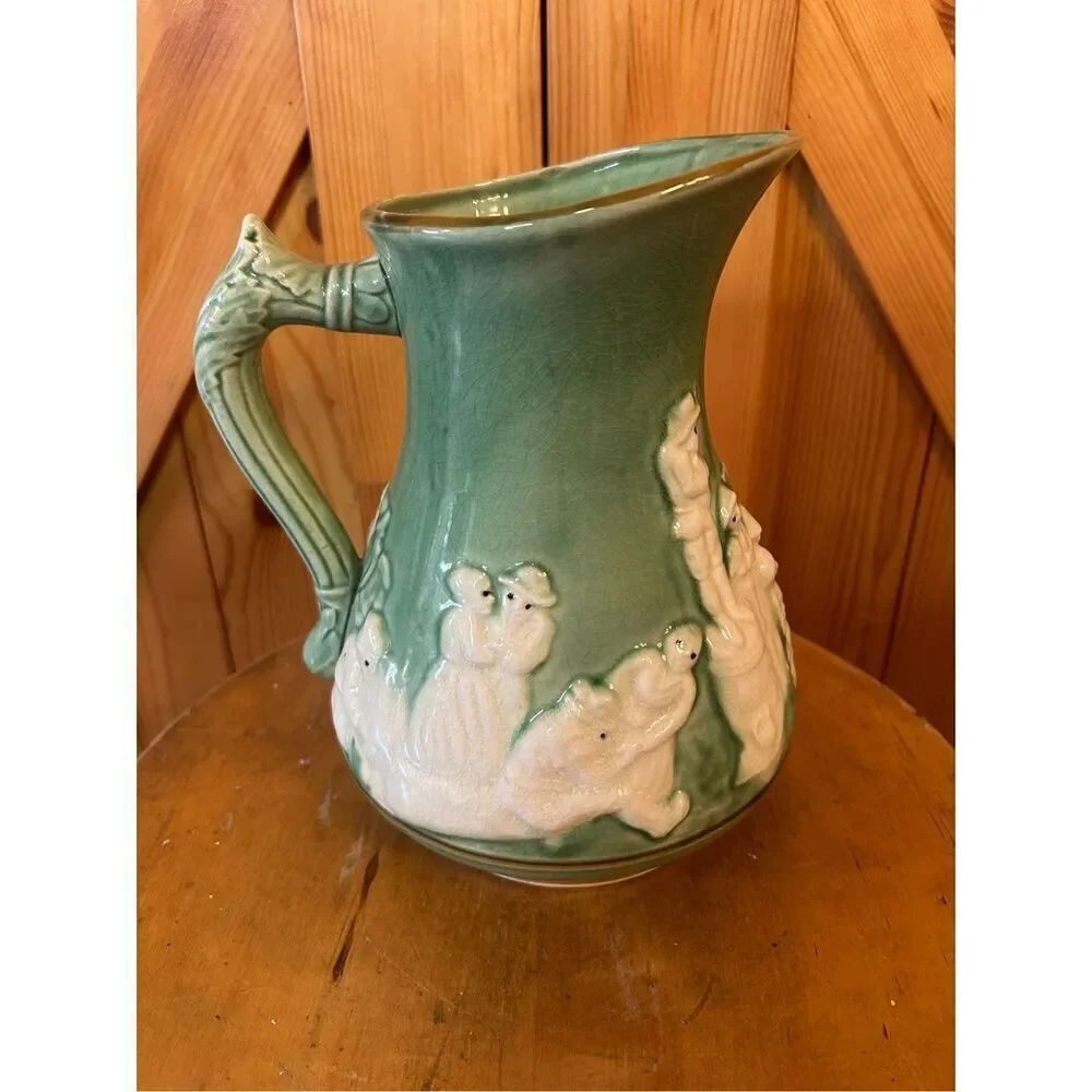 Vintage Glazed Pottery Majolica Figural 8-1/2" High Green Pitcher Japan (8877)